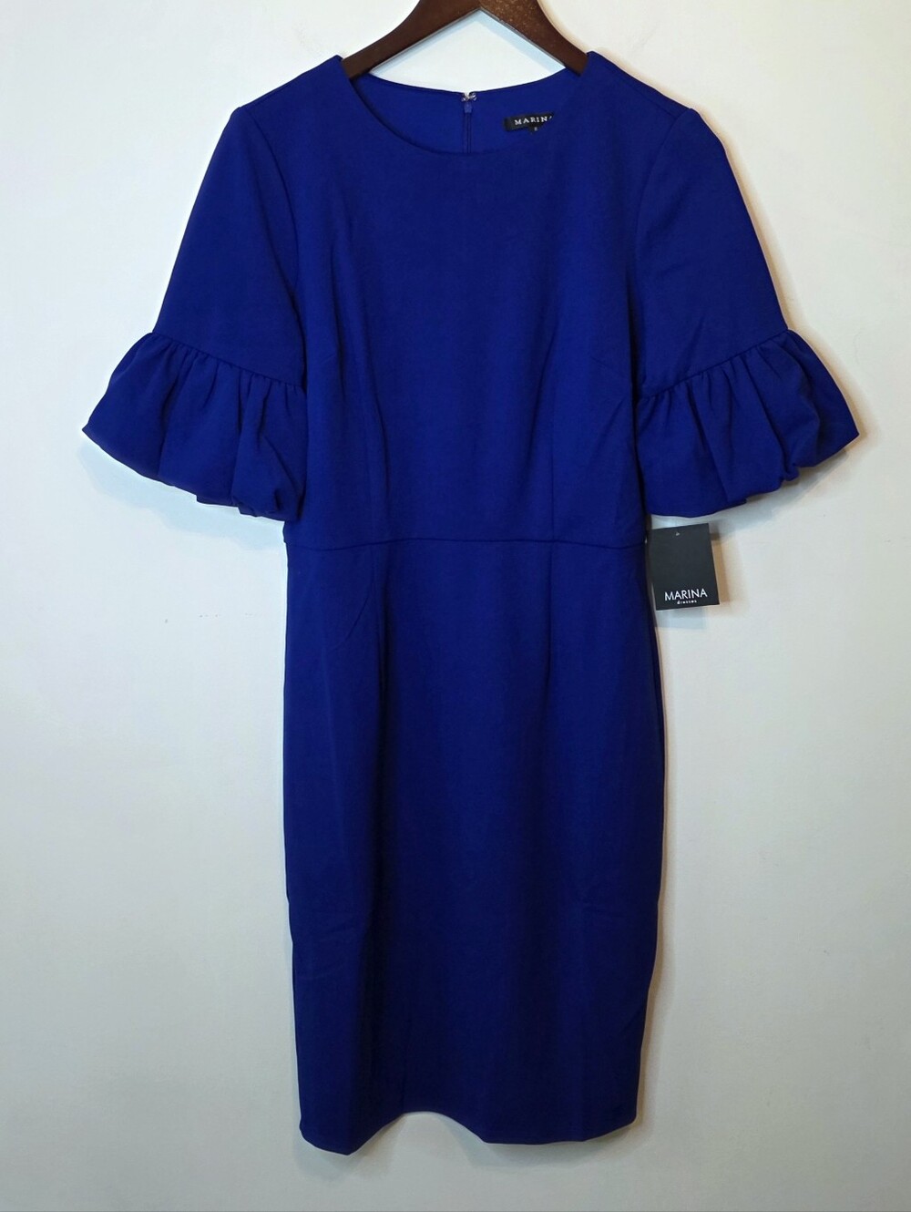 Marina Sheath Dress Cobalt Blue Crepe Ruffle Sleeve Size 6 Gala Cocktail Wedding